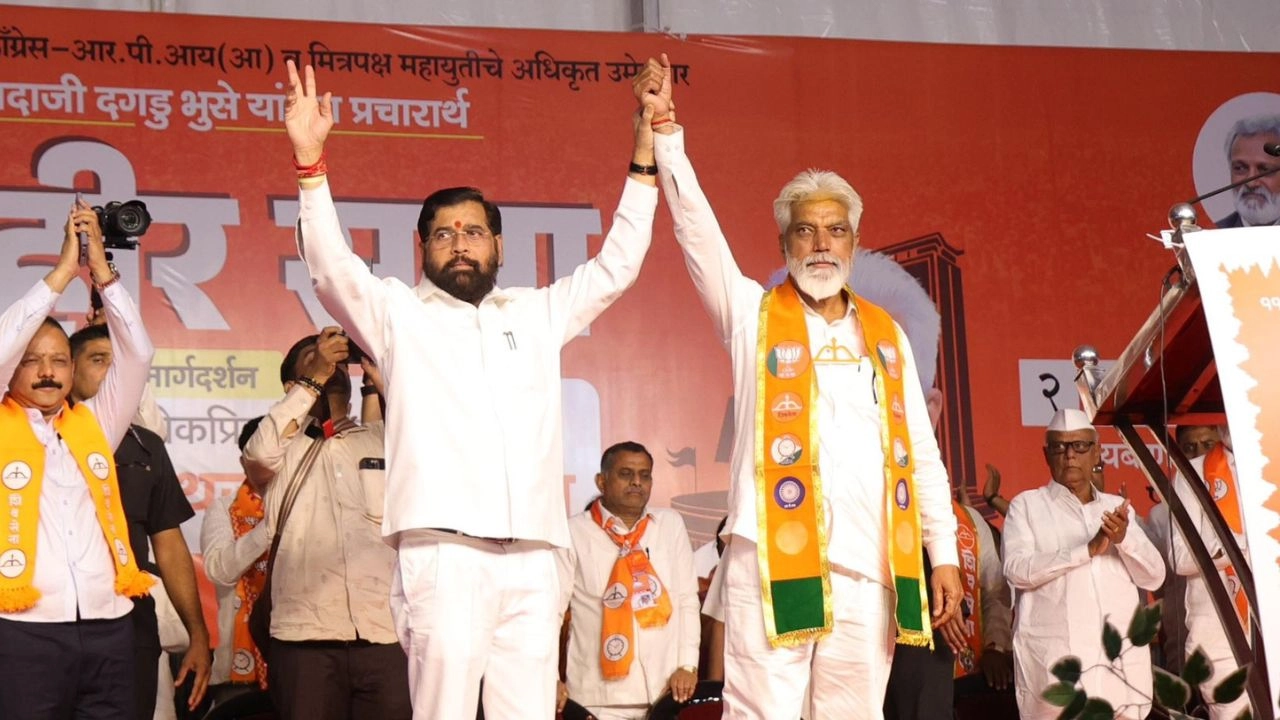 Dadaji Bhuse with CM Eknath Shinde at a Shiv Sena rally in Malegaon